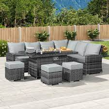 Nova Cambridge Fireglow Right Hand Rattan Corner Sofa Dining Set With Gas Firepit Table Grey Crownhill
