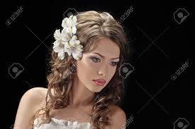 Cips feature a beautiful flower rhinestone design. Portrait Of Beautiful Bride With Flowers In Hair On Black Stock Photo Picture And Royalty Free Image Image 10409493