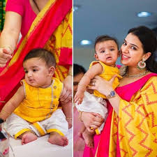 1st Birthday Birthday Dress For 1 Year Old Boy In Indian Mom In Pink Anarkali N Yellow Ikat Dupatta Son In Dhoti N Yellow Top Mom And Baby Outfits Mom And Son Outfits Baby Boy Outfits