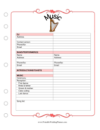 Whether You Use Recorded Music Or Live Performers You Can Keep Track Of All The Detail Wedding Planner Printables Wedding Planner Book Wedding Planning Binder