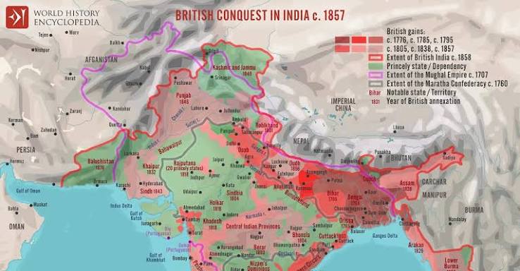 Map of the British Conquest in India c. 1857 - World History Encyclopedia