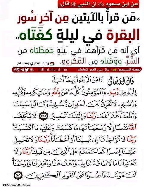 قد تعجز عن قيام الليل، لكن لا تفرط في قراءة آخر آيتين من سورة البقرة فقد قال رسول اللهﷺ : " مَن قرأ الآيتين من آخرِ سورة البقرة في ليلةٍ كفتاه " . متفق عليه📌