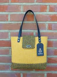 Black And Yellow Totes On Sale Yellow And Black Harris Tweed Handbag Herringbone Tote Bag Yellow Mustard Purse With Leather Straps Quirky Bag With Zip Pocket Tweed Handbag Trending Handbag Yellow Purses