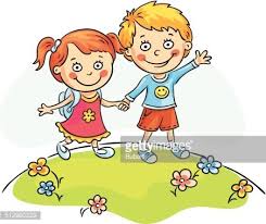 What kind of vector art is walking to school? Happy Kids Walking Outdoors Clipart Image