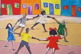 Ilustração de uma obra de arte vibrante que retrata seis crianças brincando de dança de roda em um espaço aberto. As crianças estão dispostas em círculo, de mãos dadas e com os pés em movimento de dança. Elas vestem roupas coloridas (vestidos e camisetas em tons de azul, amarelo, vermelho e verde, sendo um dos meninos com camiseta listrada). Ao fundo, há uma sequência de fachadas de casas térreas e simples, pintadas em cores vivas como vermelho, laranja, amarelo e azul-turquesa, com portas e janelas também coloridas. A cena remete a uma brincadeira tradicional de infância em um bairro popular.
