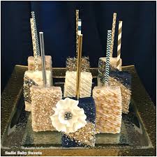 Birthday Decorated Rice Krispie Treats Sophisticated Navy And Gold Chocolate Dipped Rice Krispies Treats Chocolate Covered Treats Rice Krispie Treats Gold Dessert Table