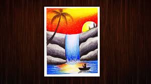 Waterfall Painting Tutorial With Oil Pastel Color Afternoon Landscape D Oil Pastel Colours Waterfall Paintings Oil Pastel Paintings