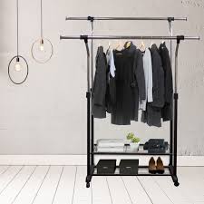 5 out of 5 stars. Hermosa Home Decorative Mobile Double Rail Clothes Rack With Utility Shelves Utility Shelves Garment Racks No Closet Solutions
