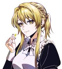 n (nauki 11), djitri de lovilia, terminally-ill genius dark knight,  absurdres, highres, 1girl, apron, black dress, blonde hair, braid, closed  mouth, dress, heart (symbol), long hair, looking at viewer, maid, maid  apron,