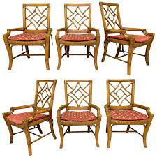 English chinoiserie style 1900s bamboo side table with birds and floral motifs. Set Of Six Rattan Chinoiserie Faux Bamboo Dining Chairs At 1stdibs
