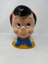 Vintage 1971 Walt Disney Play Pal Plastics Pinocchio Head Bust Piggy Bank.  Read