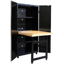 The contractor needed a garage workbench with storage for his multiple projects. Husky Storage Cabinet With Fold Out Workbench