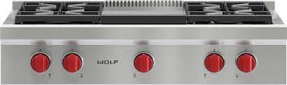 The wolf 48 gas range 6 burner infrared griddle (gr486g) rangetop offers master chef features including spark ignition, adjustable legs and precise control knobs. Wolf Srt364g 36 Inch Pro Style Gas Rangetop With 4 Dual Stacked Sealed Burners Porcelain Coated Cast Iron Continuous Grates Infrared Griddle Simmer Melt Feature Automatic Reignition And Star K Certified Natural Gas