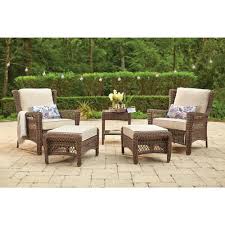 Hampton Bay Park Meadows Brown 5 Piece Wicker Outdoor Patio Conversation Set With Beige Cushions Teak Patio Furniture Conversation Set Patio Backyard Furniture