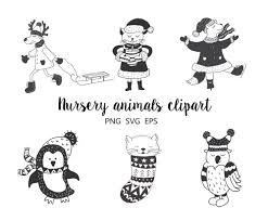 Baby Fox Clipart Black And White Nursery Animal Clipart Cartoon Woodland Cute Kids Baby Forest Deer Cat Fox Penguin Owl Black White Scandinavian Christmas Vector Png Eps Svg Animal Clipart Animal Nursery Clip Art
