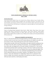 NEWS FROM FIRST CHRISTIAN CHURCH (DOC) July 3, 2020 MESSAGE FROM PASTOR  IRENE