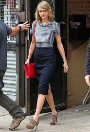 5 4 テイラー スウィフト ギンガムチェックトップス ペンシルスカート ブーティ ファッション テイラースウィフト ファッション 秋冬 ファッション