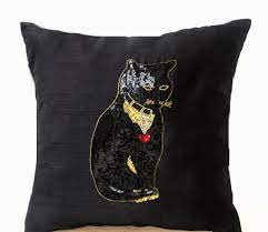 Granbey 2pcs black cat pillow covers 18x18 inch black cat pillows decorative throw pillows for bedroom with zipper square hidden zipper black cat pillow halloween bedroom decorative pillowcase. Black Sequin Beaded Pet Cat Pillow Cover Designer Silk Cushion Cover Cat Pillow Cat Pillow Cover Black Cat Pillow