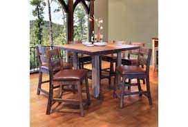 Includes counter height table and 2 upholstered bar stools warm brown finish with plank effect and rough sawn texture International Furniture Direct 900 Antique Ifd967count Mc 6xbs24 52 Counter Height Dining Table Set Furniture And Appliancemart Pub Table And Stool Sets
