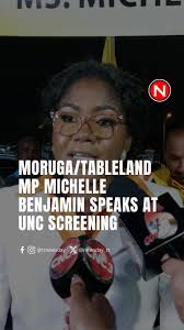 Moruga/Tableland MP Michelle Benjamin speaks to members of the media ahead  of the candidate screening at the party’s Chaguanas headquarters