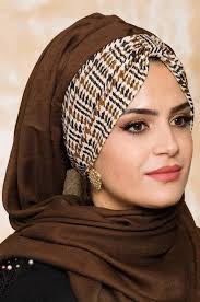 aise tesettur kahve desenli bandana sal sal duvak turbanlar