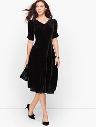 Black velvet pleated zipper up long sleeve casual dress. Velvet Fit Flare Dress Talbots