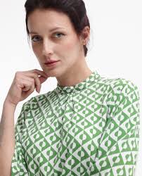 Rareism Women Naples Dark Green Bell Sleeves High Neck Geometric Print