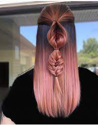 Mauve Hair From Dark Roots To Rose Gold Tips With Unique Braid Beautiful Braid Rose Hair Ombre Hair Color Unique Braids Mauve Hair