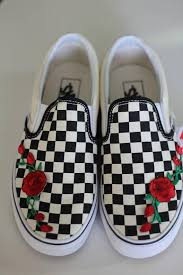 Black And Grey Checkered Slip On Vans Rose Buds Red Custom Embroidered Vans Checkered Slip On White Skate Shoe New Trending Now Vans Shoes Fashion Custom Vans Shoes Vans Checkered