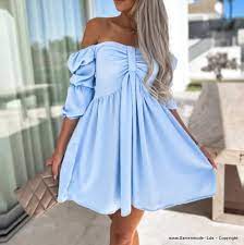 Neuheiten 2023 | Elegantes Schulterfreies Babydoll Kleid in Hellblau Kurz |  Damenmode Günstig Online Kaufen