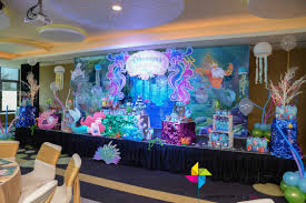 An Ariel Little Mermaid Themed 3d Stage Decor Backdrop And Candy Buffet For A Littl Mermaid Party Decorations Mermaid Theme Birthday Little Mermaid Birthday