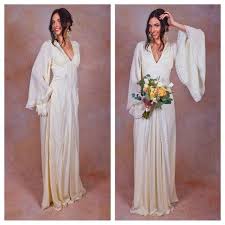 Ivory Pure Silk Bohemian Wedding Dress Bell Angel Sleeves Etsy Bohemian Wedding Dress Bohemian Wedding Dresses Wedding Dresses Unique