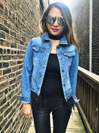 Womens Black And Blue Denim Jacket Denim Jacket Denim Jacket For Women Feathers Denim Jacket For Feathers How To Style Your Denim Ja Leather Pants Outfit Denim Jacket Outfit All Black Outfit