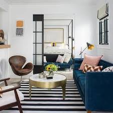 Modern Black And White Rug Living Room Deep Blue Velvet Sofa With Black And White Stripe Rug Blue Sofas Living Room Blue Velvet Sofa Living Room Blue Couch Living Room