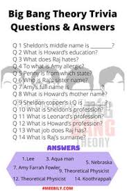 Sep 25, 2020 · big bang theory trivia questions talk about the series which was created by american television sitcom, with chuck lorre, bill prady, and steven molaro as executive producers and writers. Pin On Meebily Trivia Question Answer