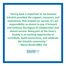 In just three days, Schulich Giving Day 2024 kicks off, and we're excited  to make history together! We're thrilled to welcome our inaugural Blue Leaf  Dean's Society member, Marco Renda (BBA '23),