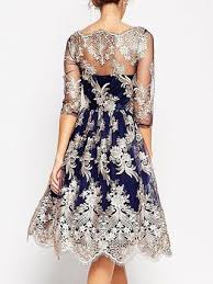 Blue A Line Vintage 3 4 Sleeve Embroidered Midi Dress