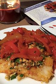 Seared Cod Piperade With Roasted Blue Potatoes Parsley Almond Sauce Recipe Cod Dishes Cooking Recipes Home Chef