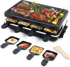 This is an excellent bbq grill table with lots of workspace. Buy Electric Raclette Table Grill Indoor Smokeless Grill Family Barbecue 8 Mini Grill Pans 1 Wooden Spatula Non Stick Grill Plate Cooking Cheese Grill Korean Bbq Machine For Outdoor Halloween Christmas Party Online