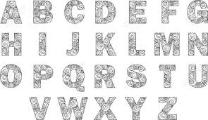 Black and white printable version of the alphabet with images and. English Alphabet English Black Letters Alphabet Isolated On White Background With Ornament Inside Capital White Letters With A Circle Ornament With A Black Stroke Stock Photo Picture And Royalty Free Image Image