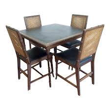 Vintage Folding Faux Bamboo Card Table With Black Vinyl And 4 Matching Cane Dining Room Chairs Modern Restaurant Tables And Chairs Shabby Chic Table And Chairs
