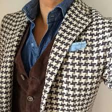 Black And White Houndstooth Suit Large Scale Houndstooth Jacket With A Soft Cord Waistcoat And Denim Shirt For A Smart Casual Look Mens Fashion Denim Mens Fashion Blazer Stylish Mens Outfits
