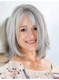 Look at the layers in her hair. Cute Medium Length Straight Bob Style Grey Wig With Bangs Grey Hair Wig Medium Layered Hair Medium Hair Styles
