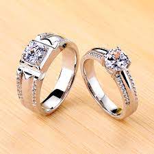 Engravable Solitaire With Side Accent Moissanite Couple Wedding Bands In 2020 Promise Ring Set Couple Ring Design Engagement Ring White Gold