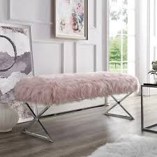 Aurora Faux Fur X Leg Bench Pink Bedroom Decor Upholstered Bench Furniture