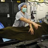 Cmdr. Sandra Halterman and Hospital Corpsman 2nd Class Adam J. Smolski  prepare a patient for dental surgery aboard USS George H.W. Bush (CVN 77). 