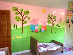 The car is a wall sticker. Peppa Pig Themed Room Painted In One Week This Wall Features Peppa And Her Family Pig Mural Kids Room Wallpaper Peppa Pig Painting