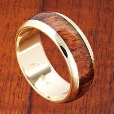 Hawaii Koa Wood Inlay 14k Yellow Gold Koa Wood Rings Elegant Classic Style Resin Cover All Around T Wedding Rings 7mm Wedding Ring Shapes Wooden Wedding Ring