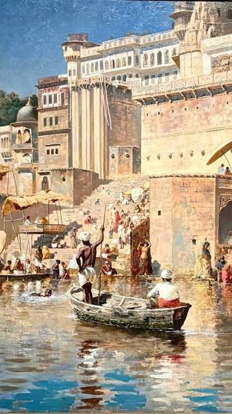 Benares by Bampada Banerjee Oil on canvas Born in 1851, Bamapada Banerjee began his artistic training at the Calcutta Art School but, dissatisfied with its methods, left to study privately under Pramathalal