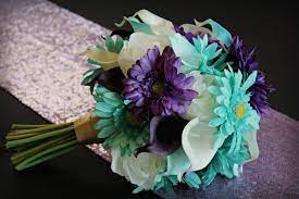 Maybe you would like to learn more about one of these? Purple Teal And Aqua Wedding Bouquet With Artificial Calla Lilies Roses And Daisies Ch Champagne Wedding Flowers Purple Wedding Bouquets Daisy Wedding Theme